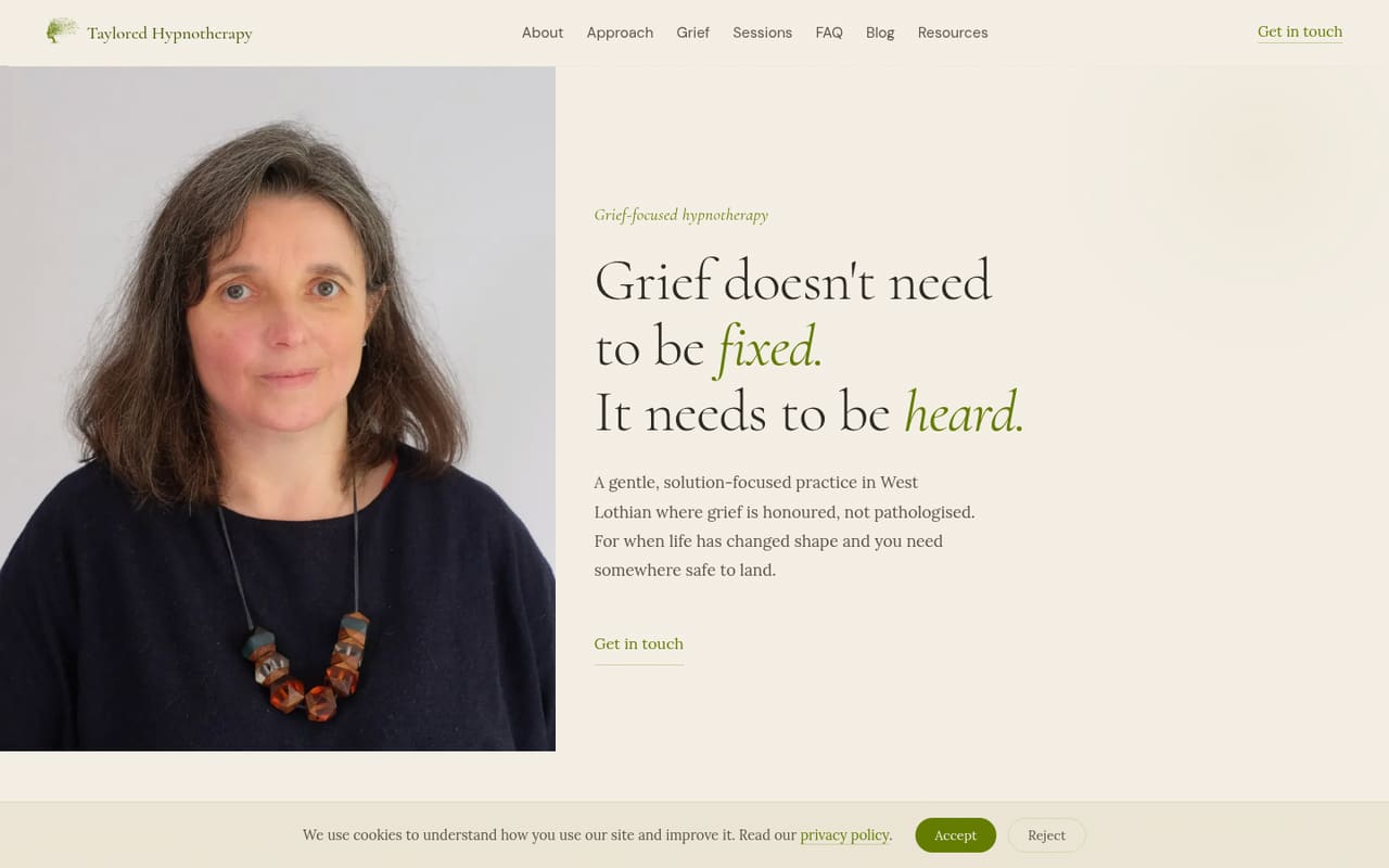Taylored Hypnotherapy, homepage preview